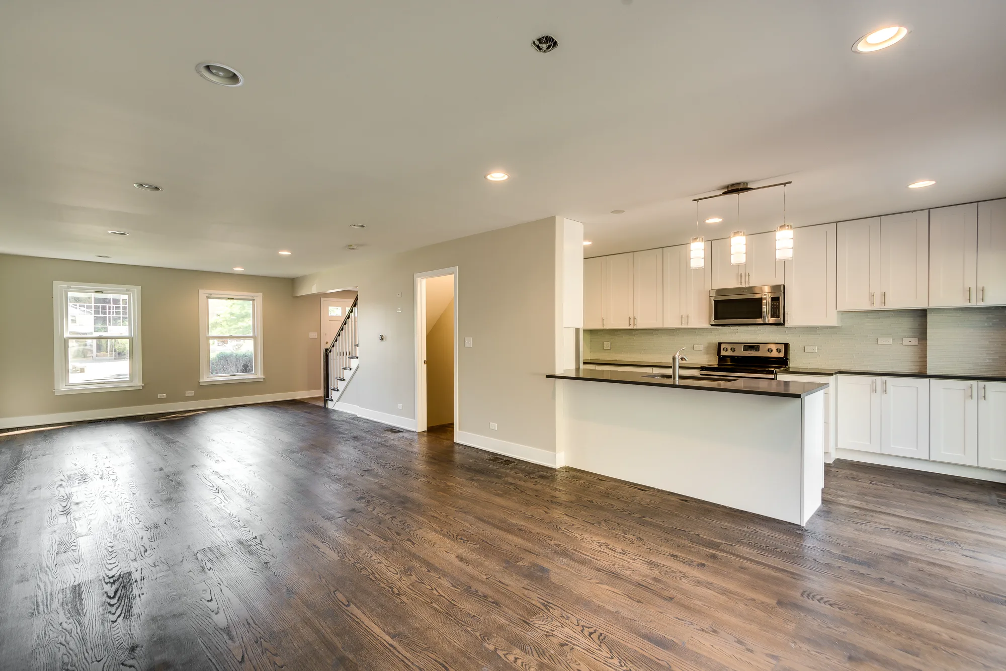 Open-concept living area and kitchen island